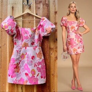 Pink and Orange Multi Floral Jacquard Puff Sleeve Mini Dress 🌿